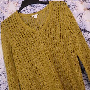 MUSTARD SWEATER LP J Jill Yellow Brown Fall Spring Sheer V-Neck Classic Layering